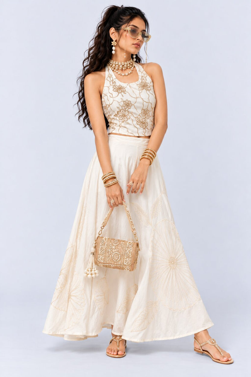 Womens Off White Floral Embroidered Halter Top - Image 6