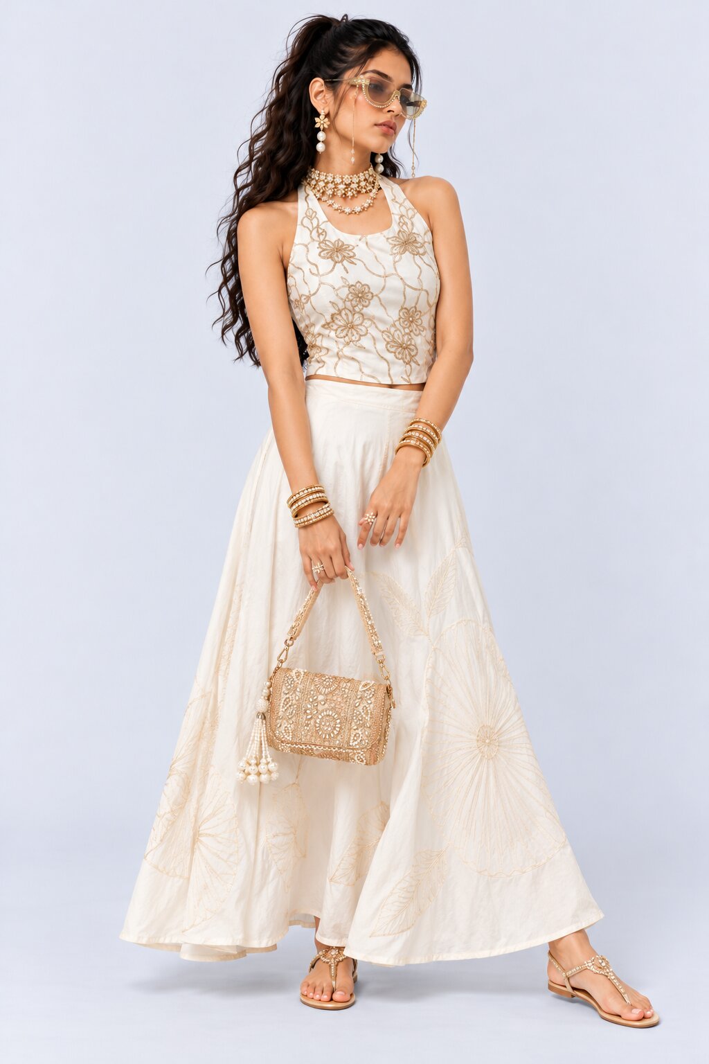 Womens Off White Floral Embroidered Halter Top - Image 6