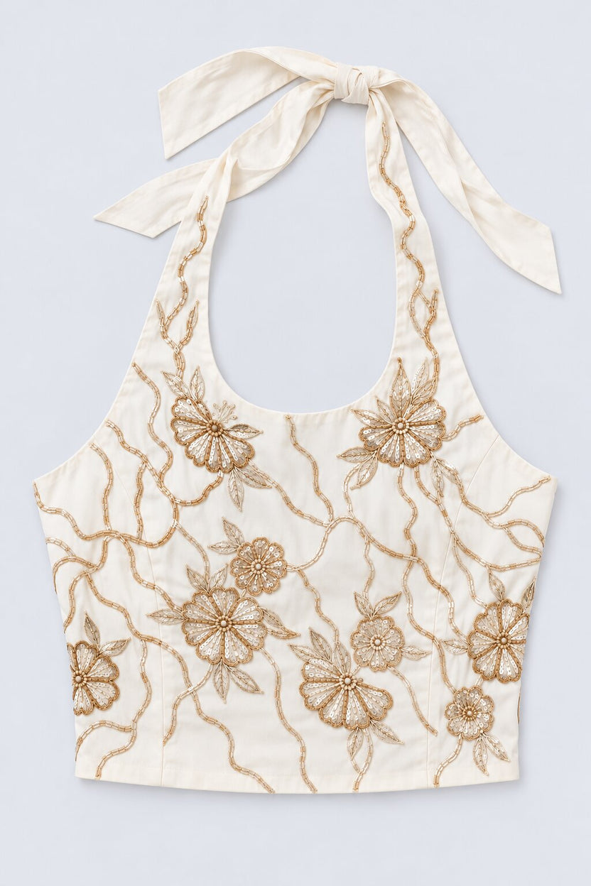 Womens Off White Floral Embroidered Halter Top - Image 7
