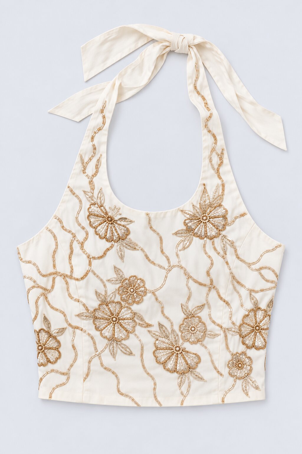 Womens Off White Floral Embroidered Halter Top - Image 7