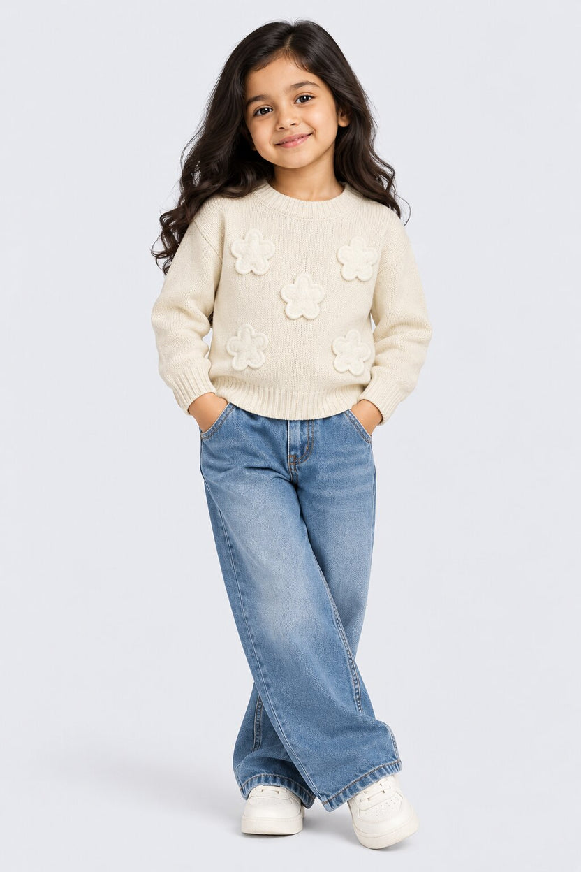 Girls Off White Floral Applique Knit Sweater - Image 1