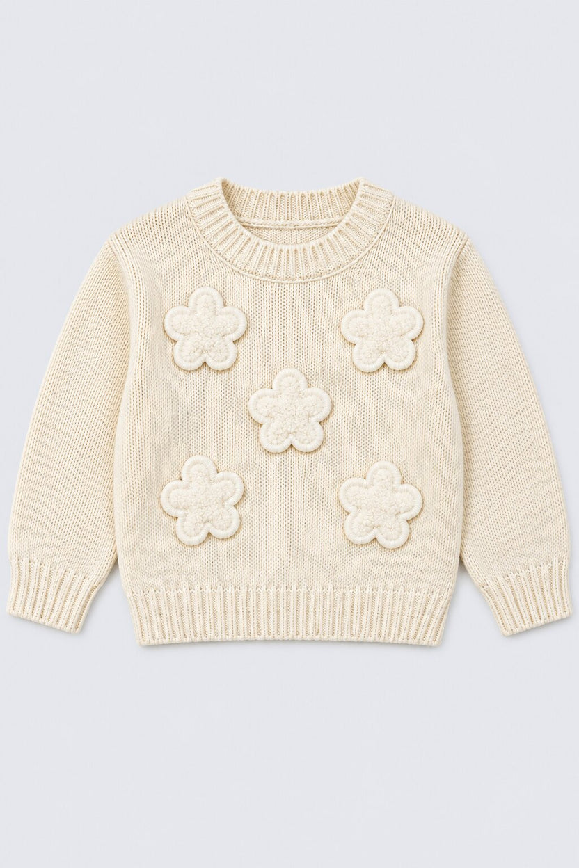 Girls Off White Floral Applique Knit Sweater - Image 2