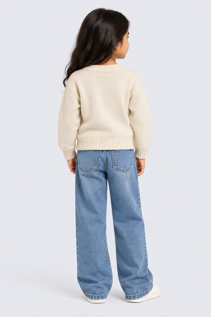 Girls Off White Floral Applique Knit Sweater - Image 3