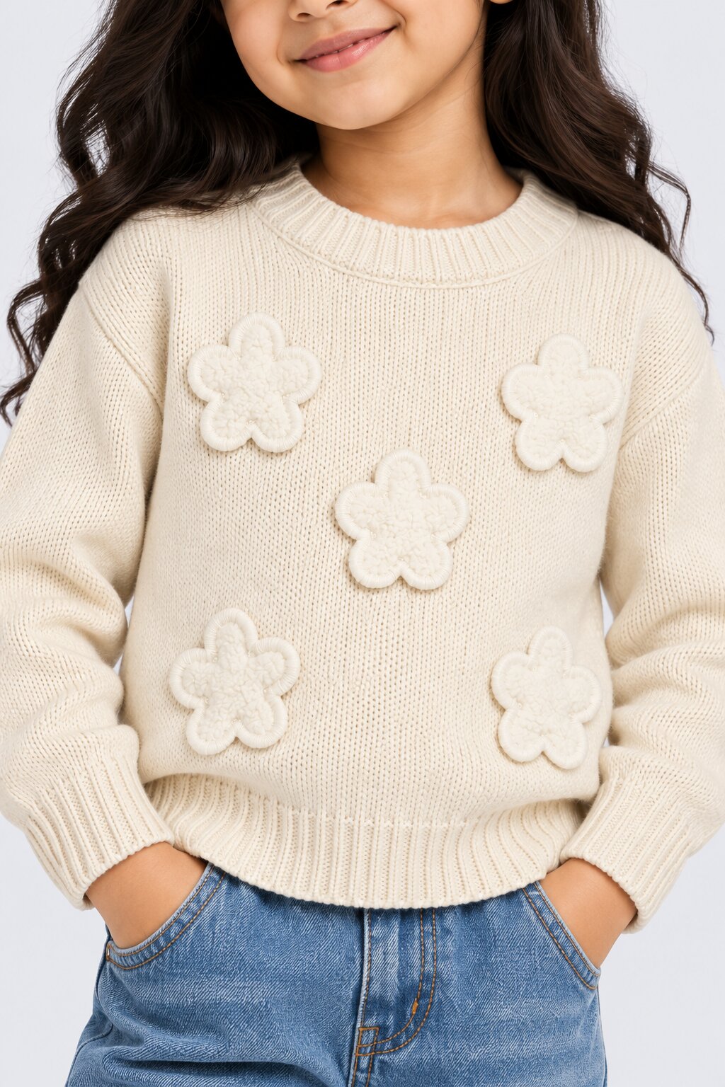 Girls Off White Floral Applique Knit Sweater - Image 6