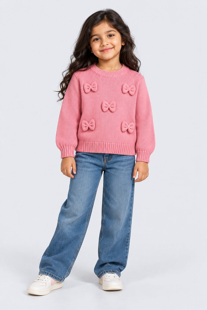 Girls Pink Floral Applique Knit Sweater - Image 1