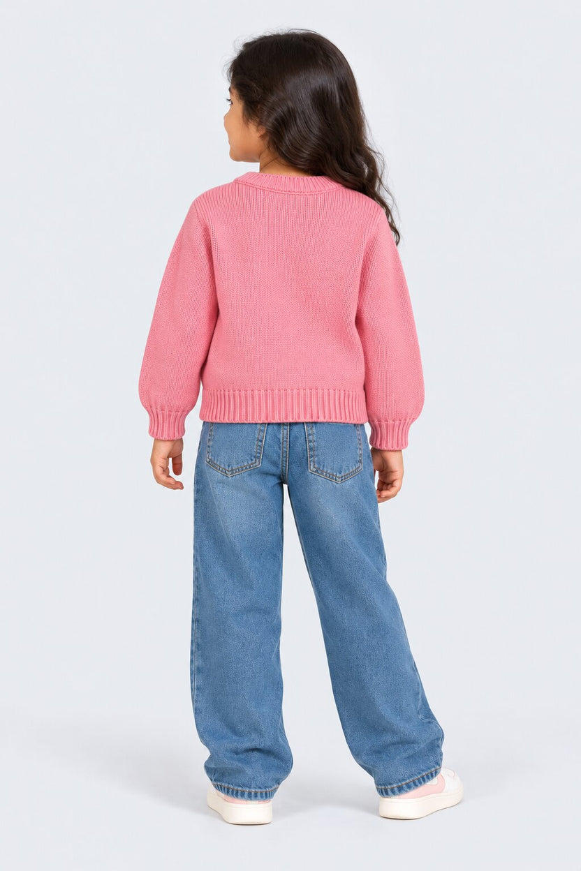 Girls Pink Floral Applique Knit Sweater - Image 3