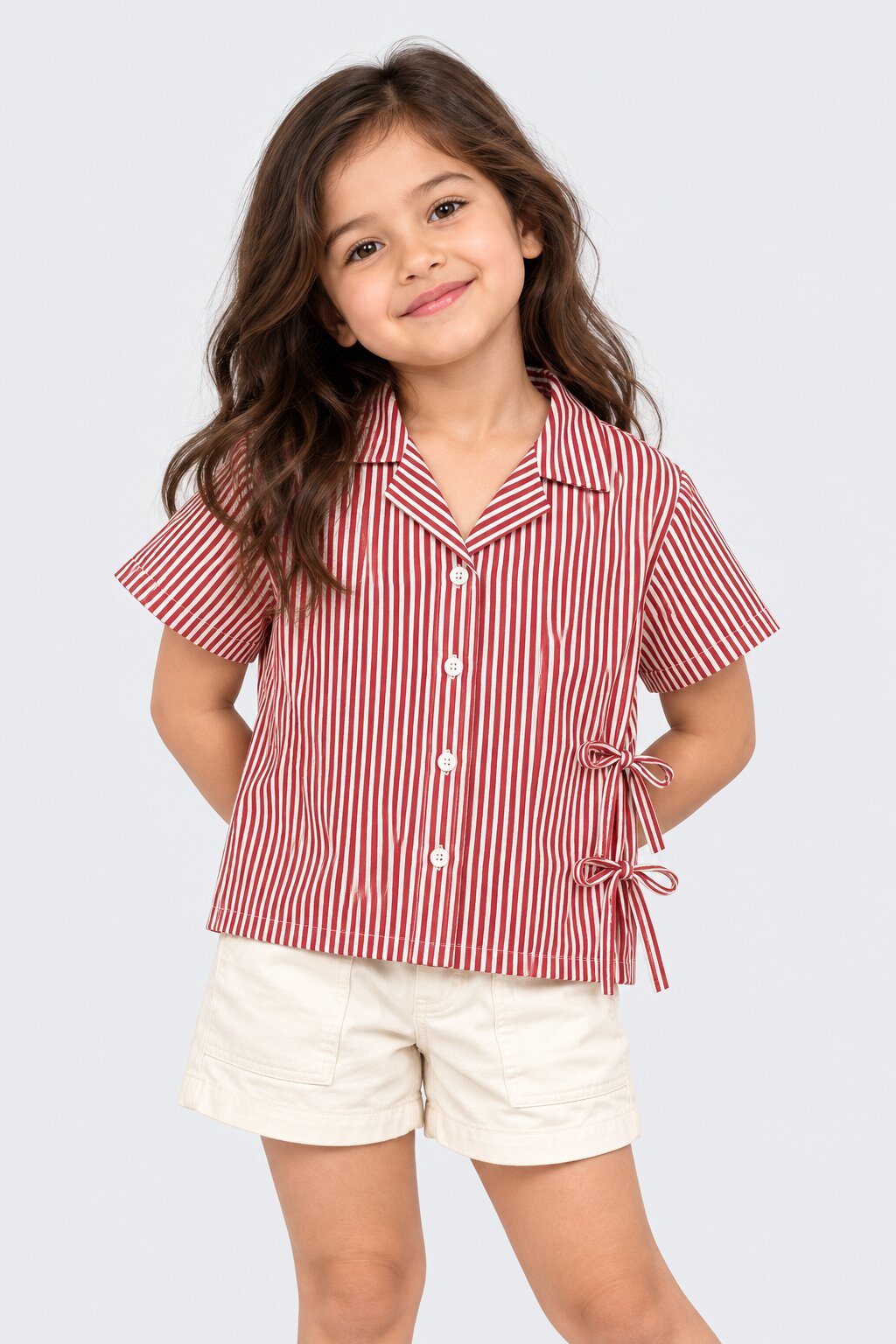 Tweens Girls Wine Striped Tie-Up Collar Shirt - Image 1