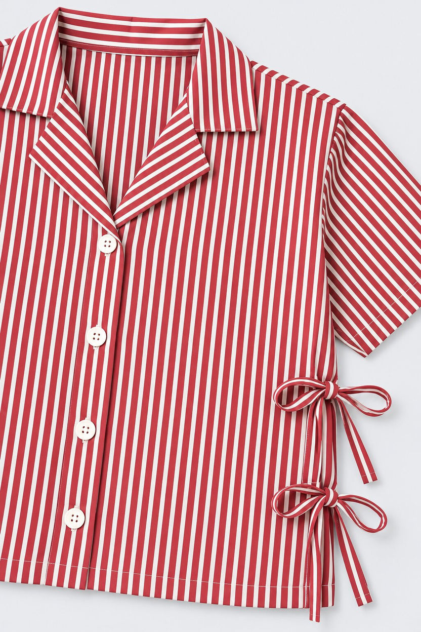 Tweens Girls Wine Striped Tie-Up Collar Shirt - Image 6