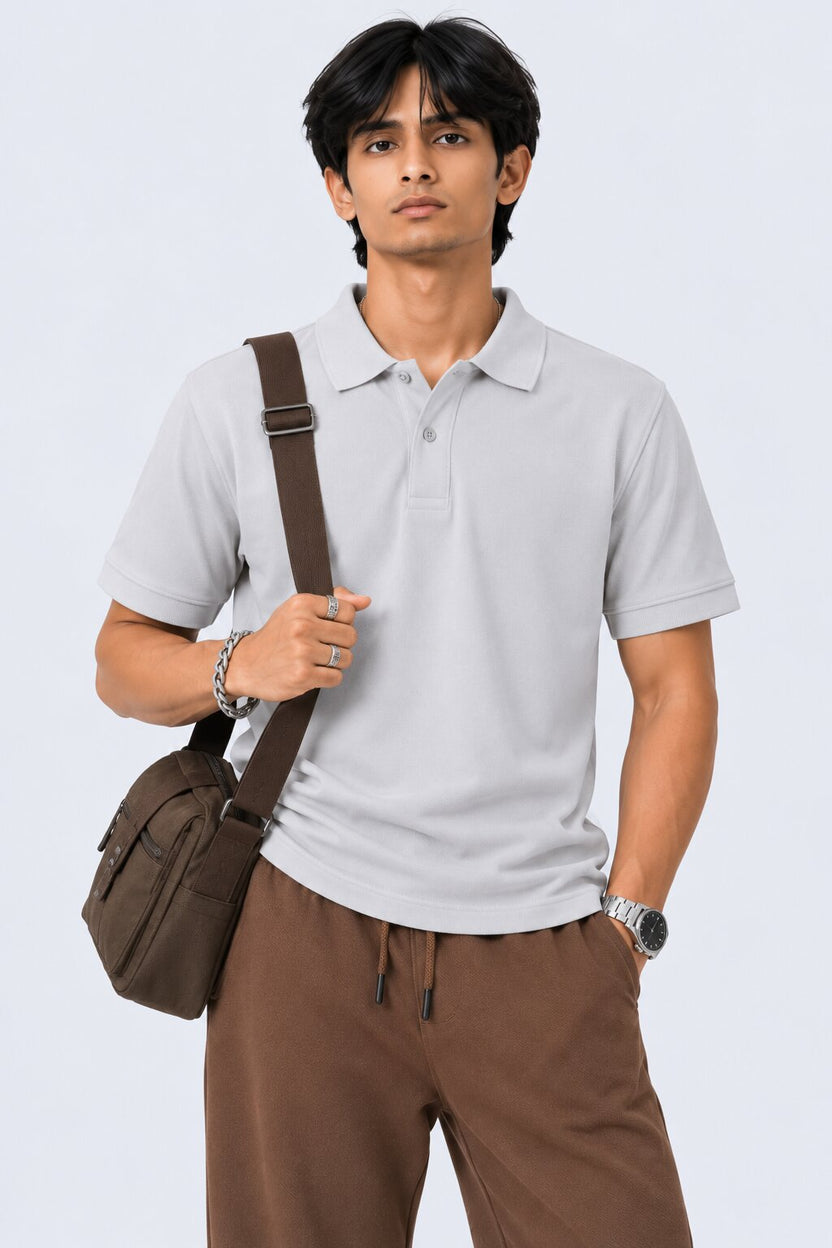 Mens Light Grey Cotton Blend Regular Fit Polo - Image 1
