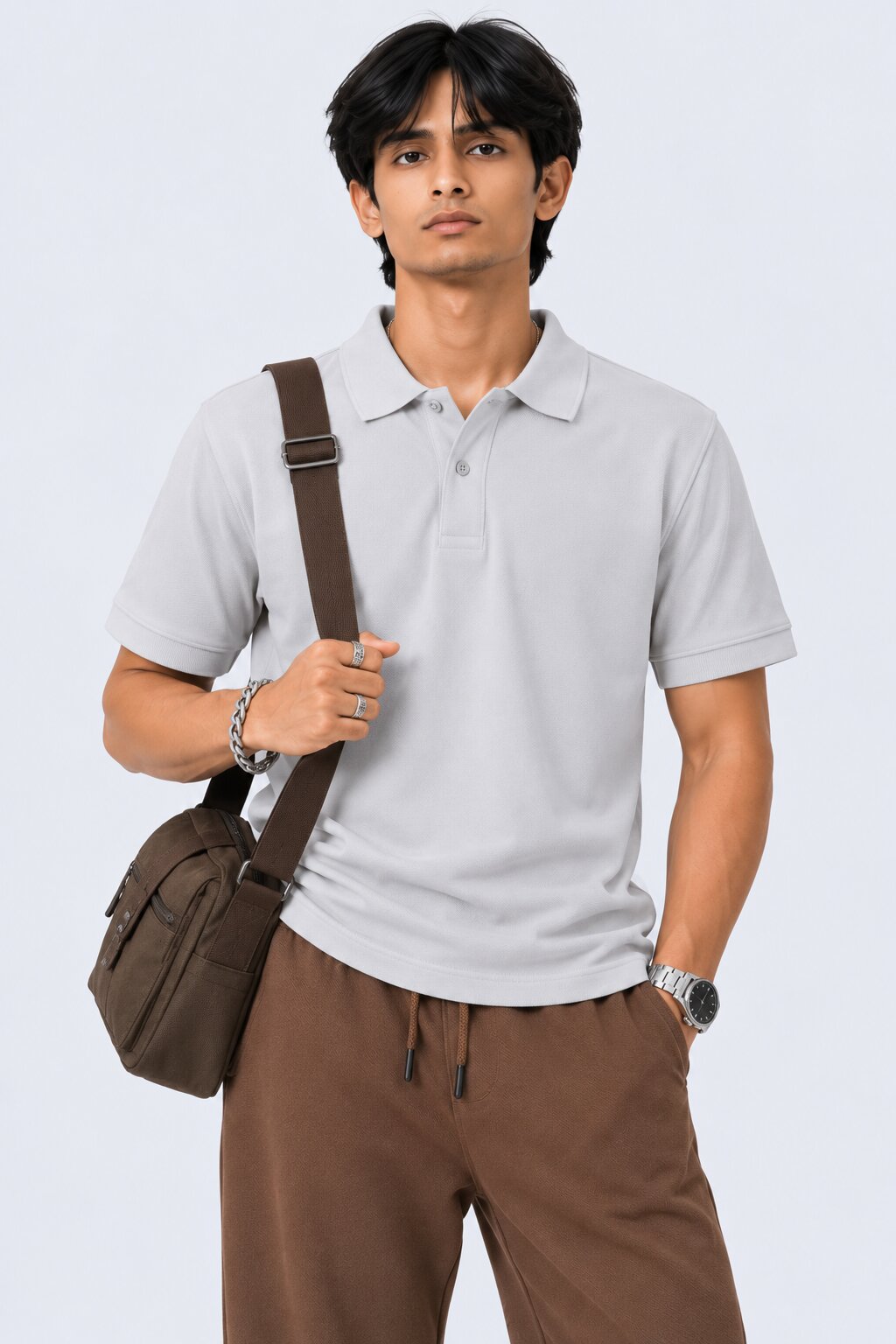Mens Light Grey Cotton Blend Regular Fit Polo - Image 1