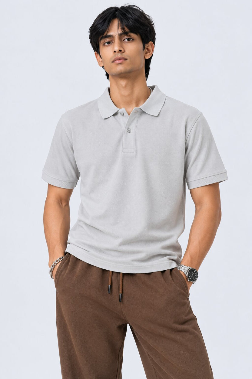 Mens Light Grey Cotton Blend Regular Fit Polo - Image 2