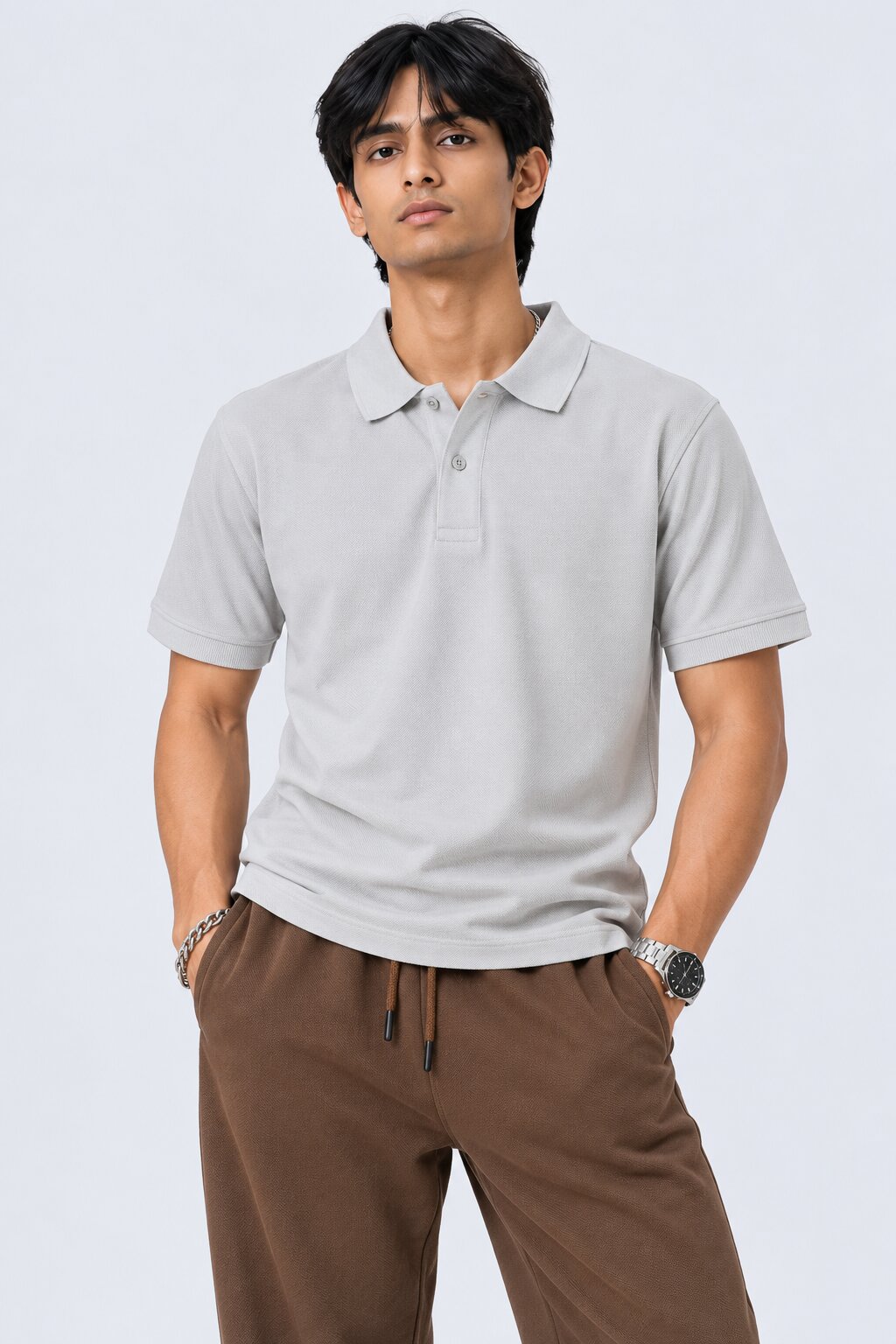 Mens Light Grey Cotton Blend Regular Fit Polo - Image 2
