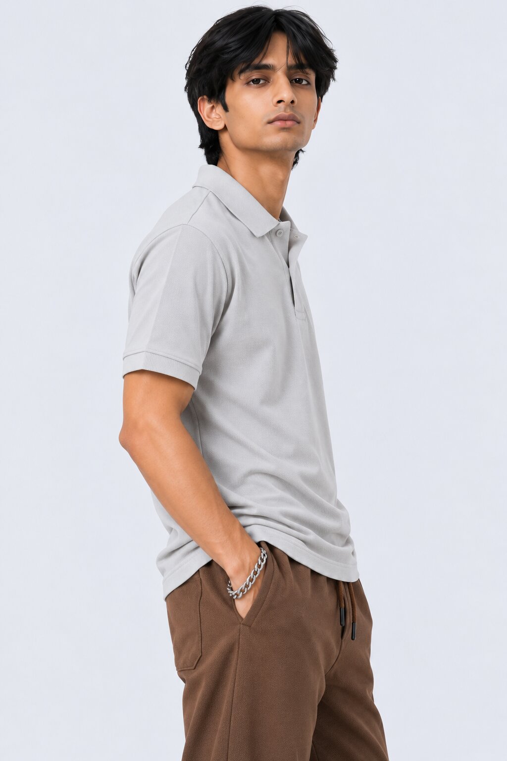 Mens Light Grey Cotton Blend Regular Fit Polo - Image 4