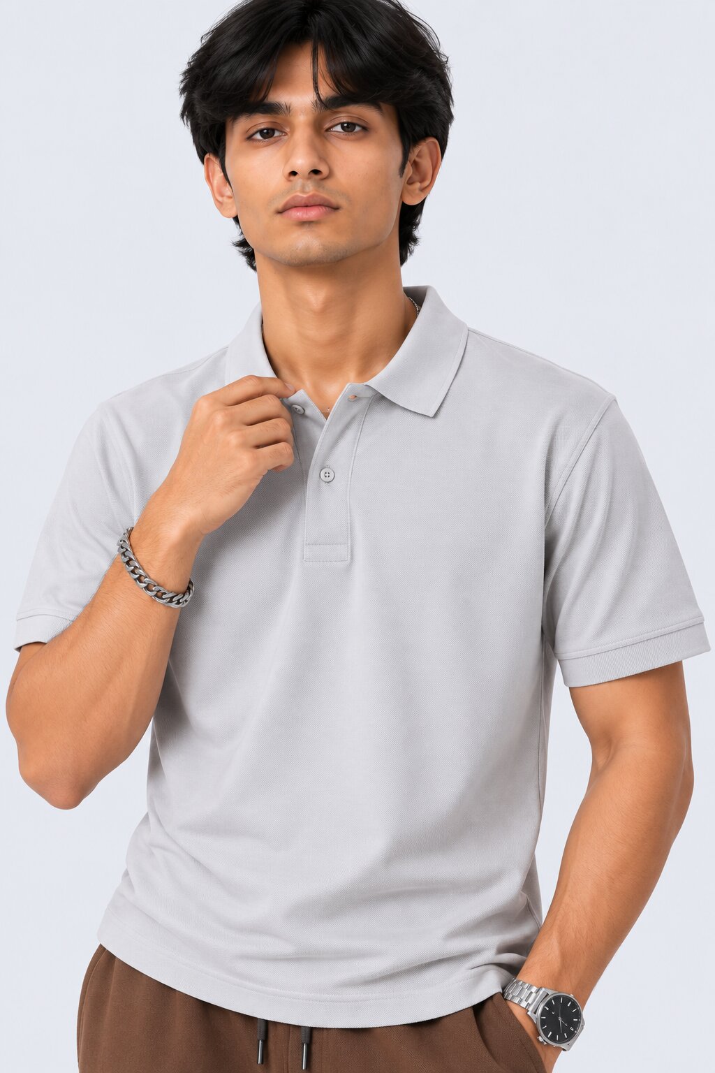 Mens Light Grey Cotton Blend Regular Fit Polo - Image 9