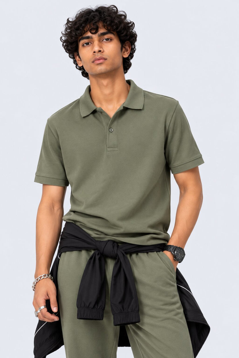 Mens Green Cotton Blend Regular Fit Polo - Image 1