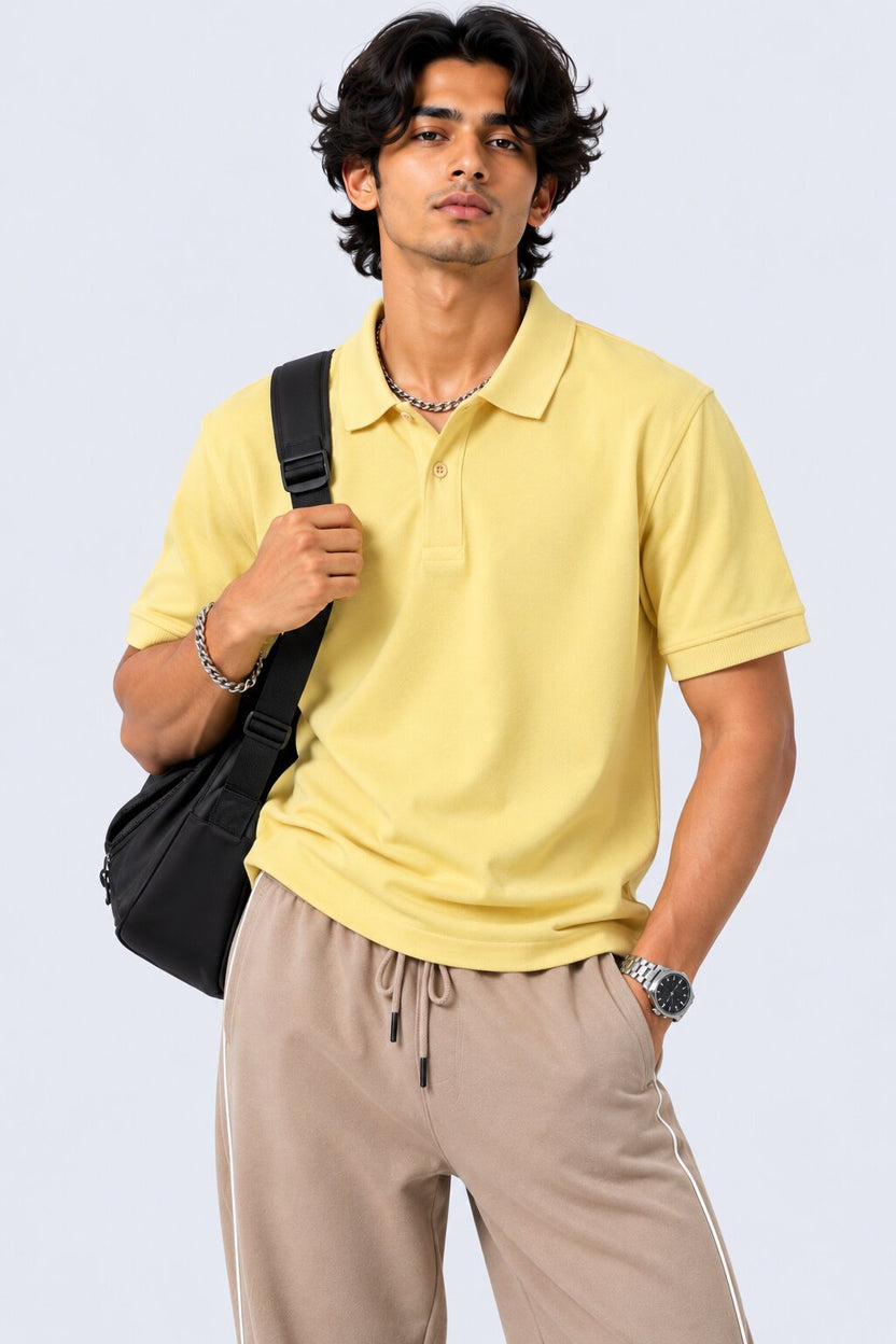 Mens Yellow Cotton Blend Regular Fit Polo - Image 1