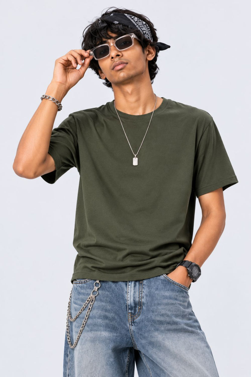 Mens Dark Green Cotton Regular Fit T-Shirt - Image 1
