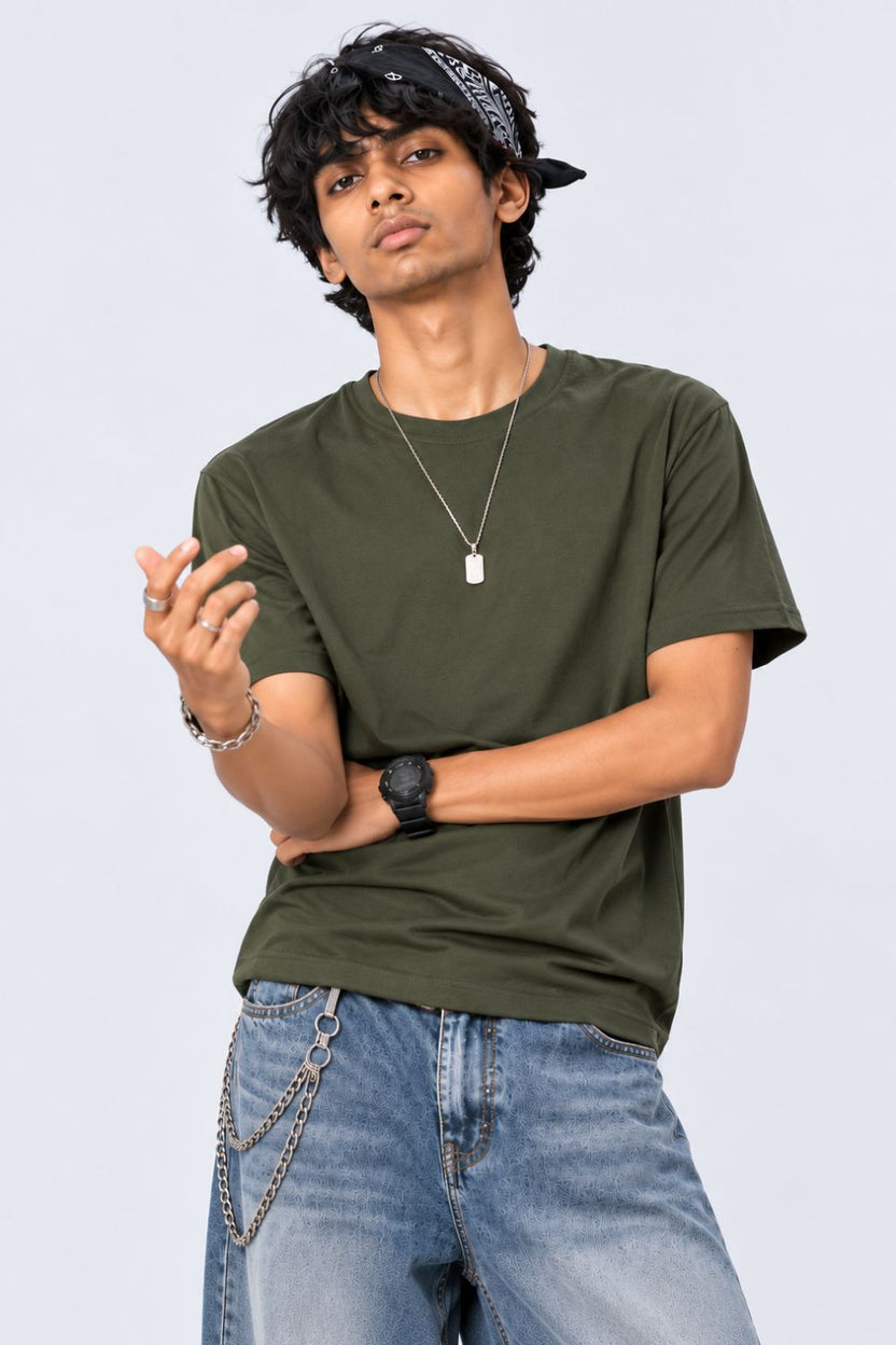 Mens Dark Green Cotton Regular Fit T-Shirt - Image 2