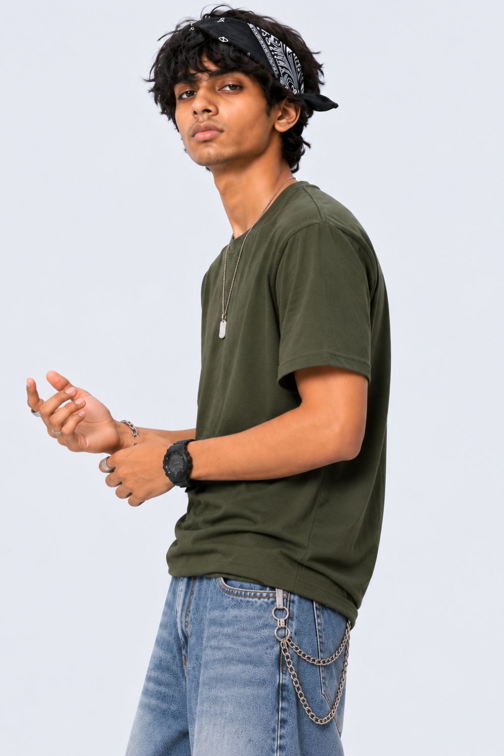 Mens Dark Green Cotton Regular Fit T-Shirt - Image 4