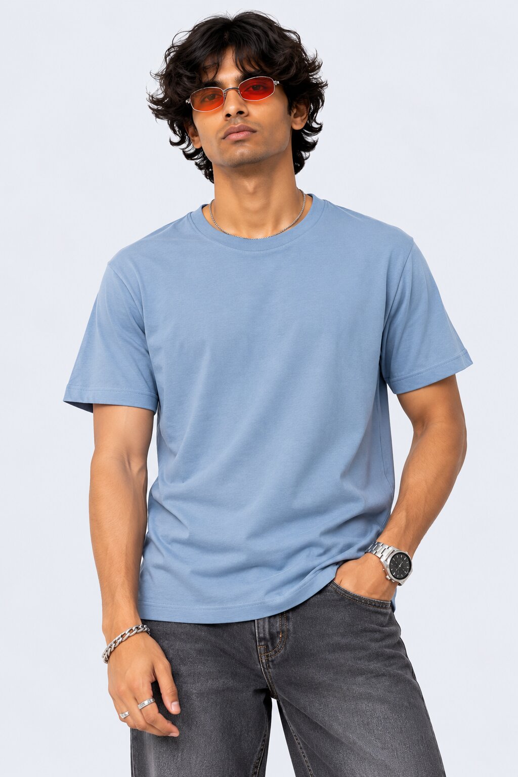 Mens Light Blue Cotton Regular Fit T-Shirt - Image 1
