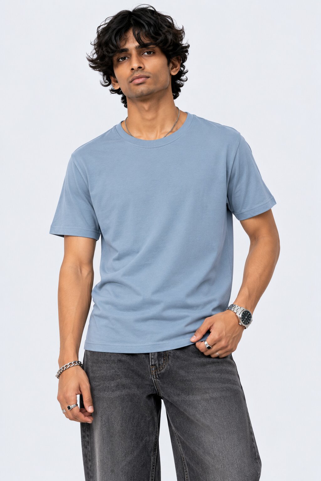 Mens Light Blue Cotton Regular Fit T-Shirt - Image 2