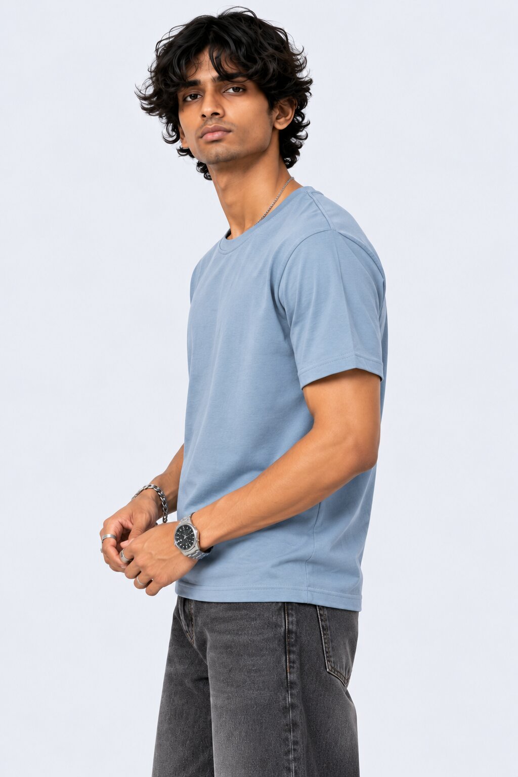 Mens Light Blue Cotton Regular Fit T-Shirt - Image 4