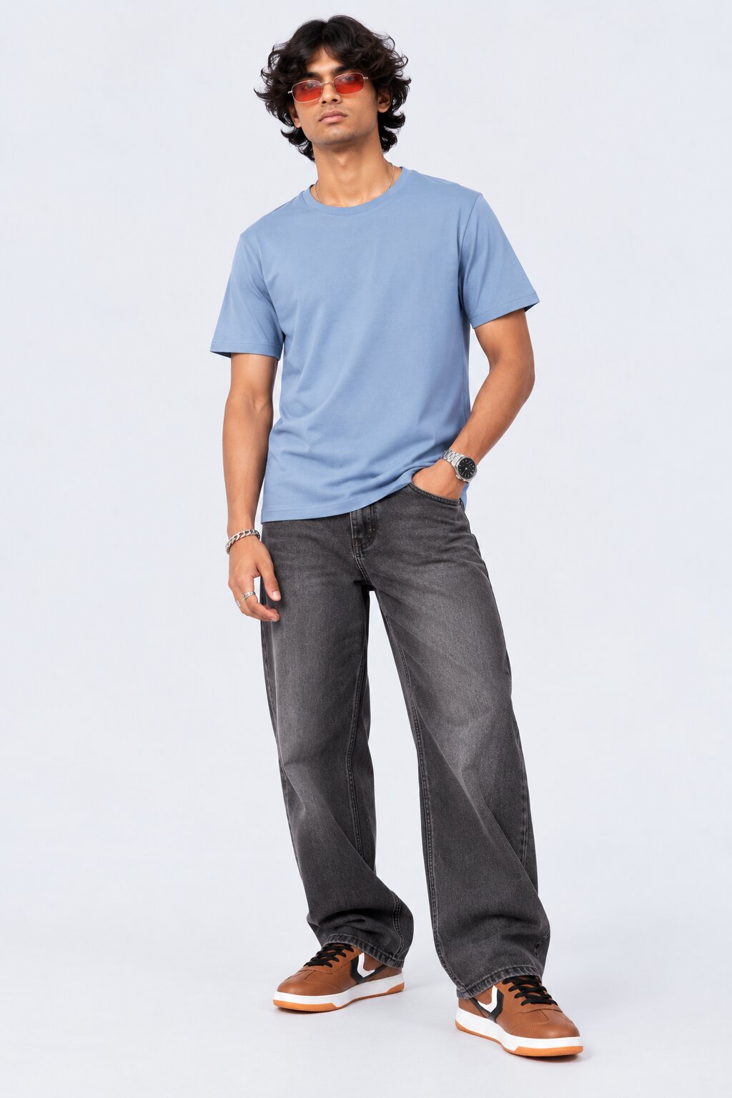 Mens Light Blue Cotton Regular Fit T-Shirt - Image 6