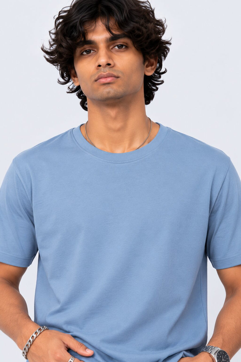 Mens Light Blue Cotton Regular Fit T-Shirt - Image 9