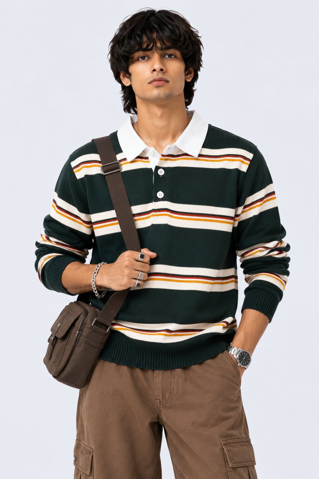 Mens Green Stripes Regular Fit Sweatshirt - Image 1