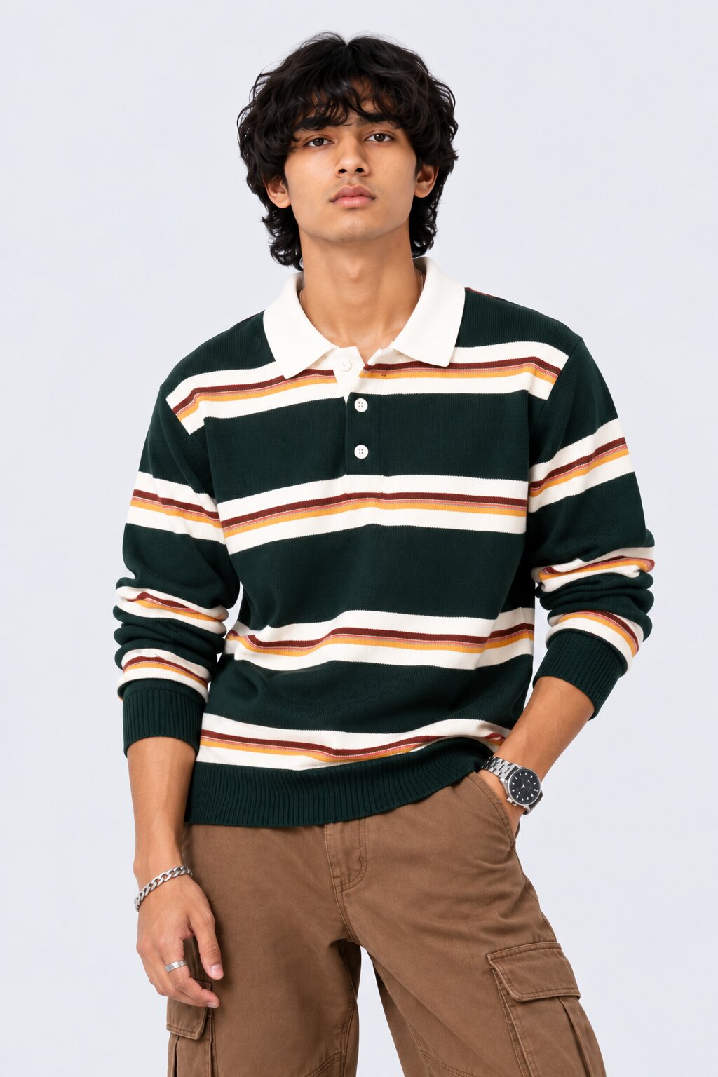Mens Green Stripes Regular Fit Sweatshirt - Image 2
