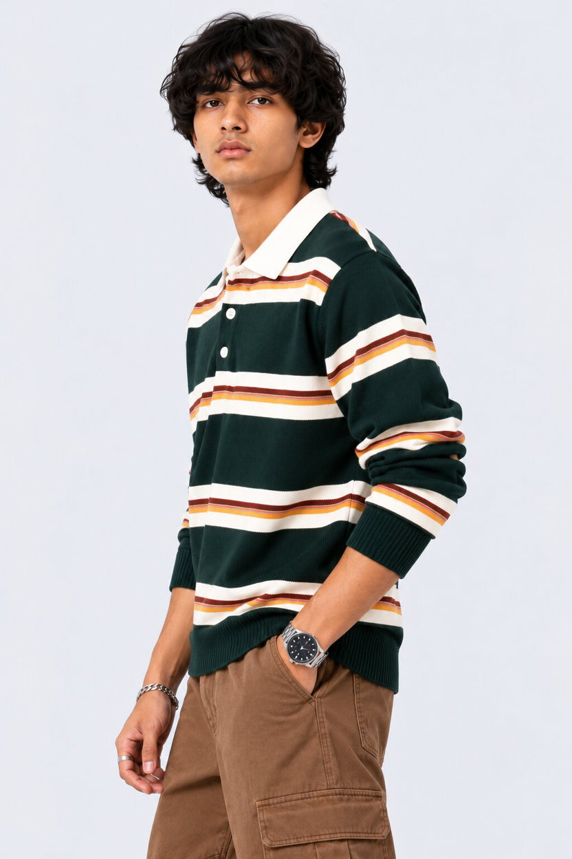 Mens Green Stripes Regular Fit Sweatshirt - Image 4