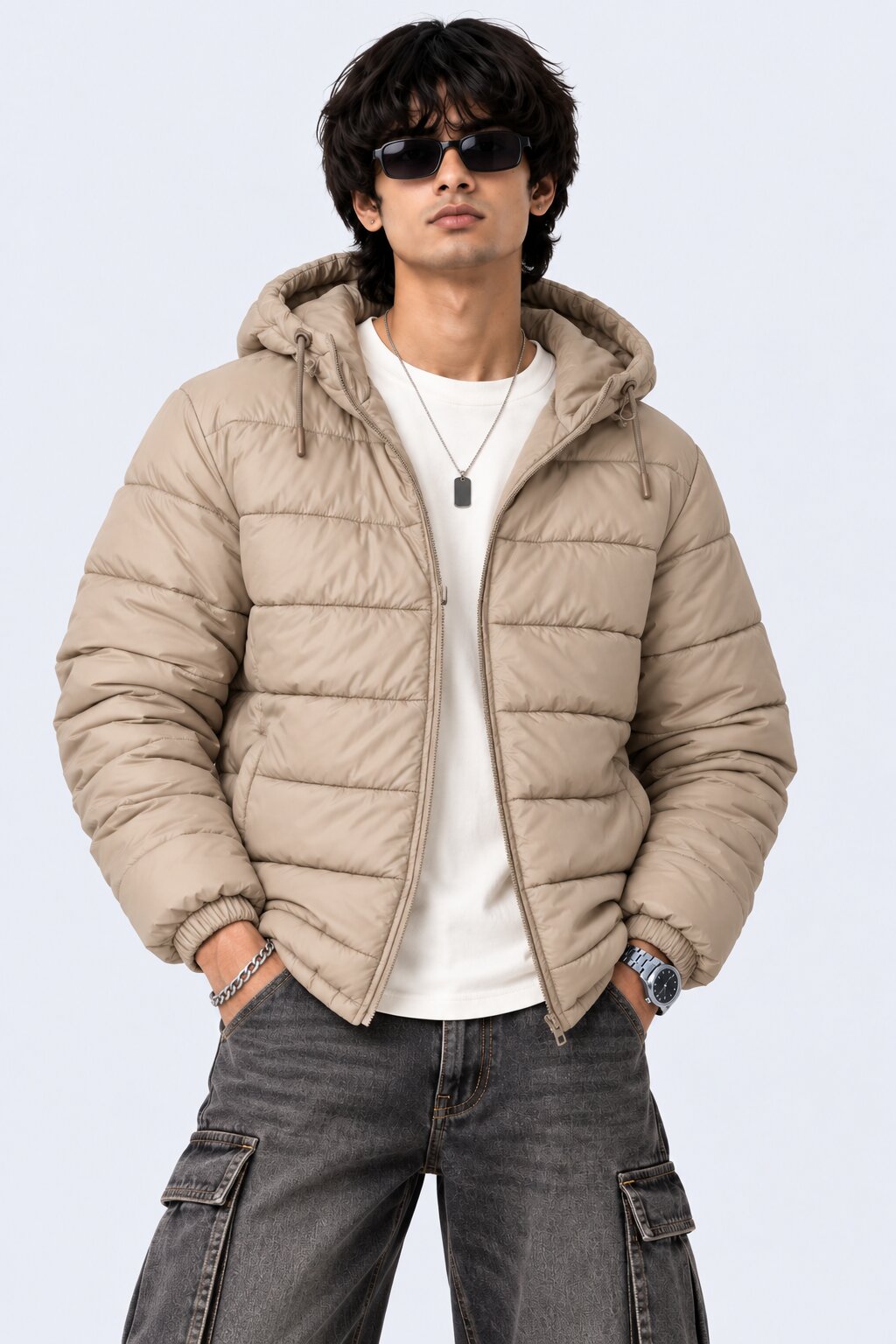 Mens Beige Winter Bomber Jacket - Image 1