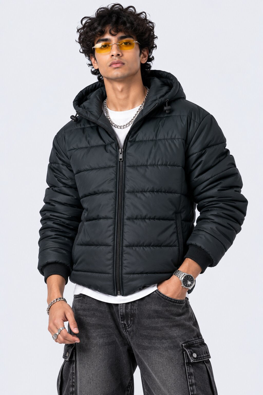 Mens Black Hooded Bomber Jacket - Image 1