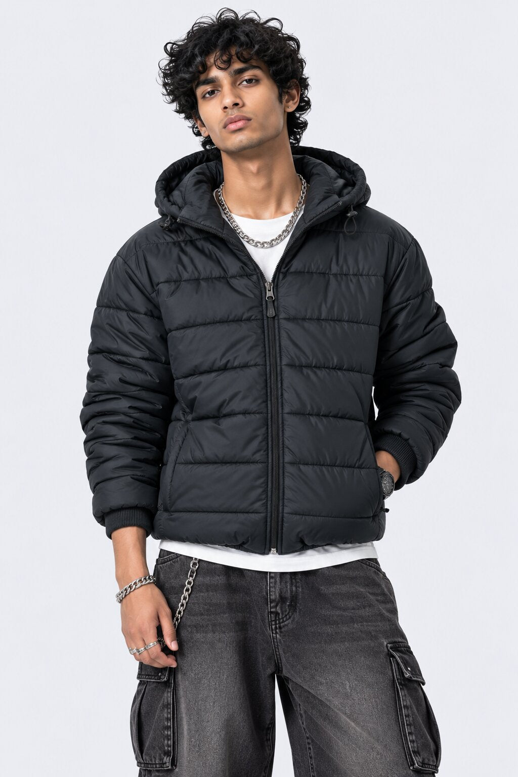 Mens Black Hooded Bomber Jacket - Image 2