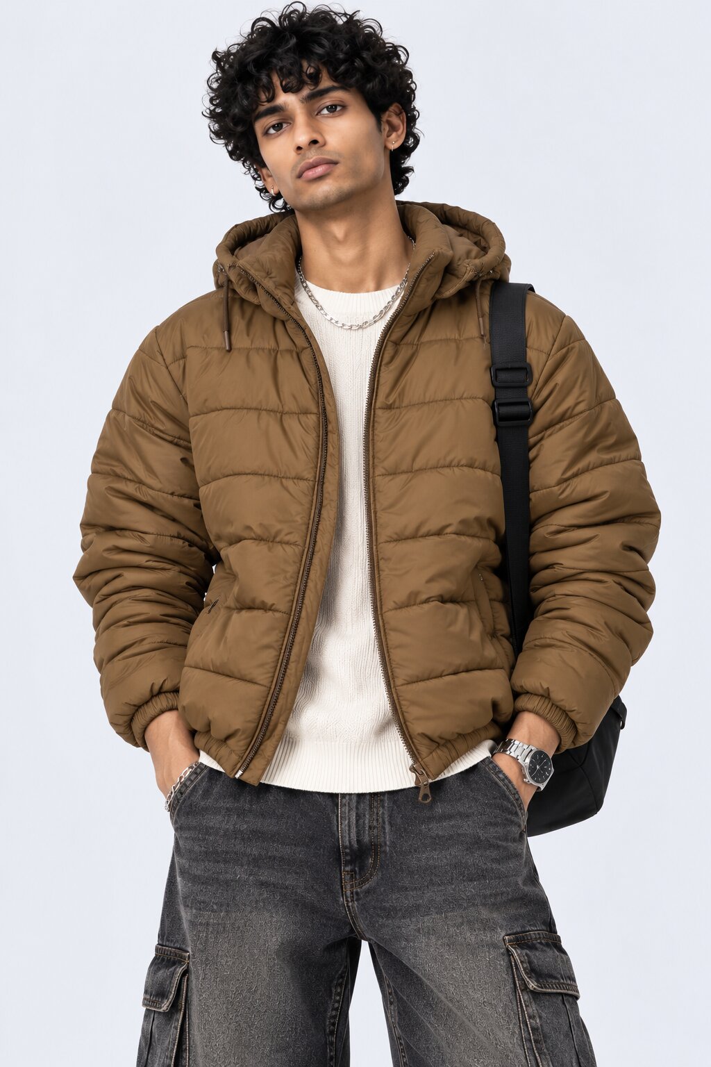 Mens Khaki Hooded Winter Bomber Jacket - Image 1