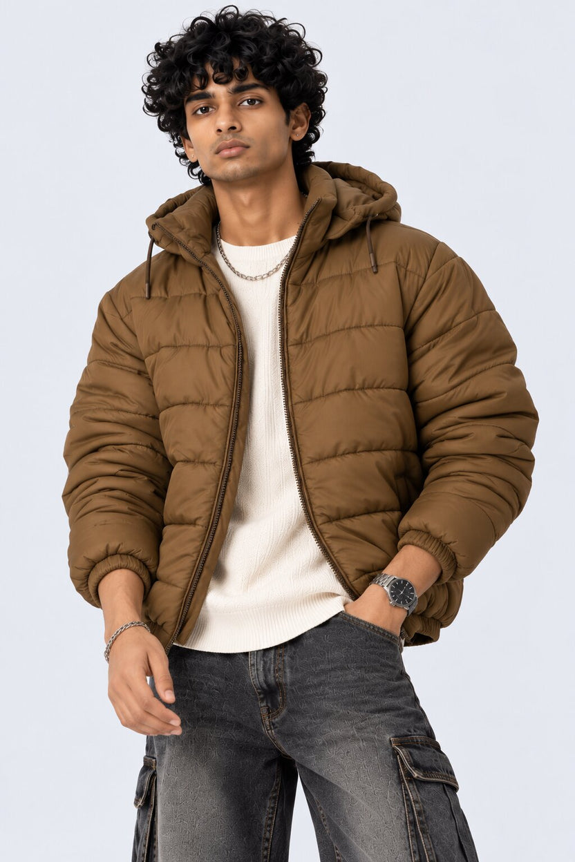 Mens Khaki Hooded Winter Bomber Jacket - Image 2