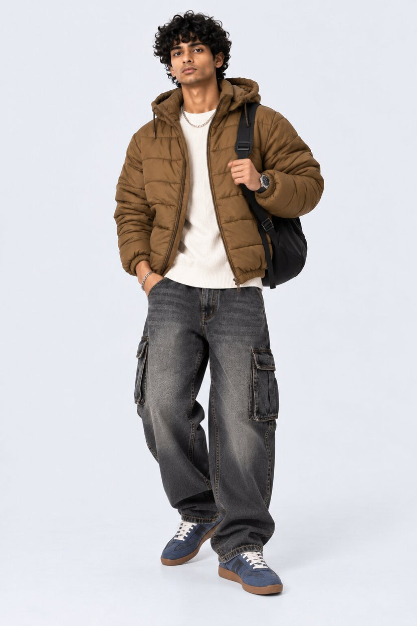Mens Khaki Hooded Winter Bomber Jacket - Image 6