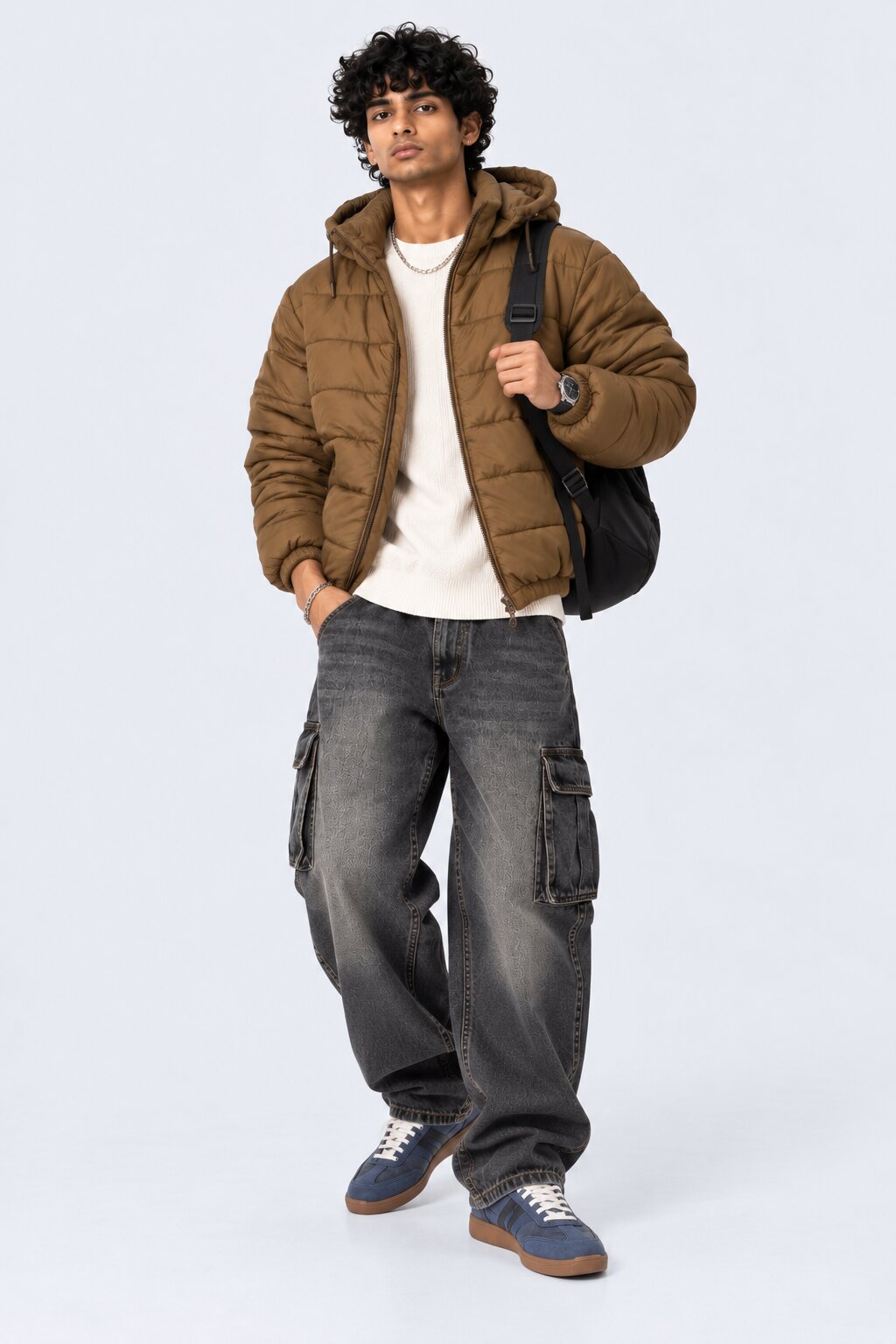 Mens Khaki Hooded Winter Bomber Jacket - Image 6
