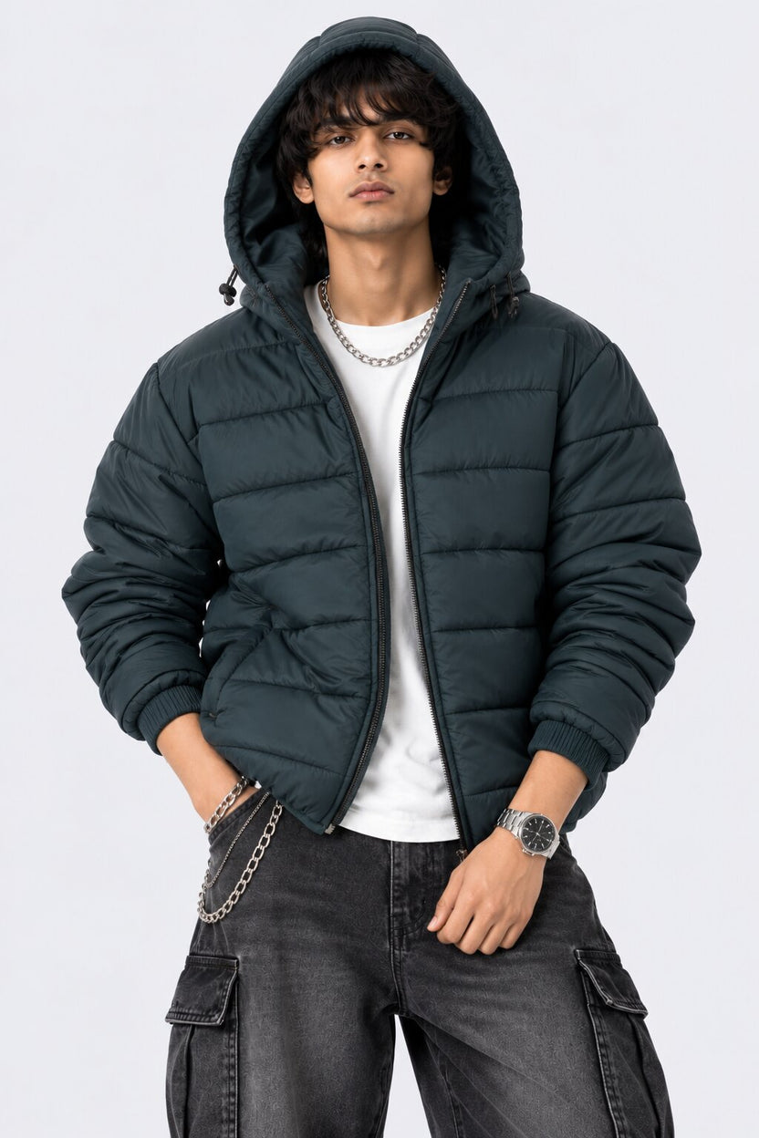 Mens Teal Hooded Winter Bomber Jacket - Image 1