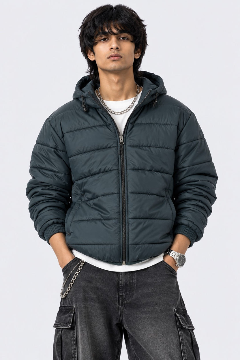 Mens Teal Hooded Winter Bomber Jacket - Image 2