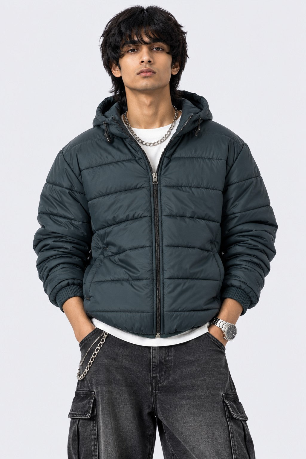 Mens Teal Hooded Winter Bomber Jacket - Image 2