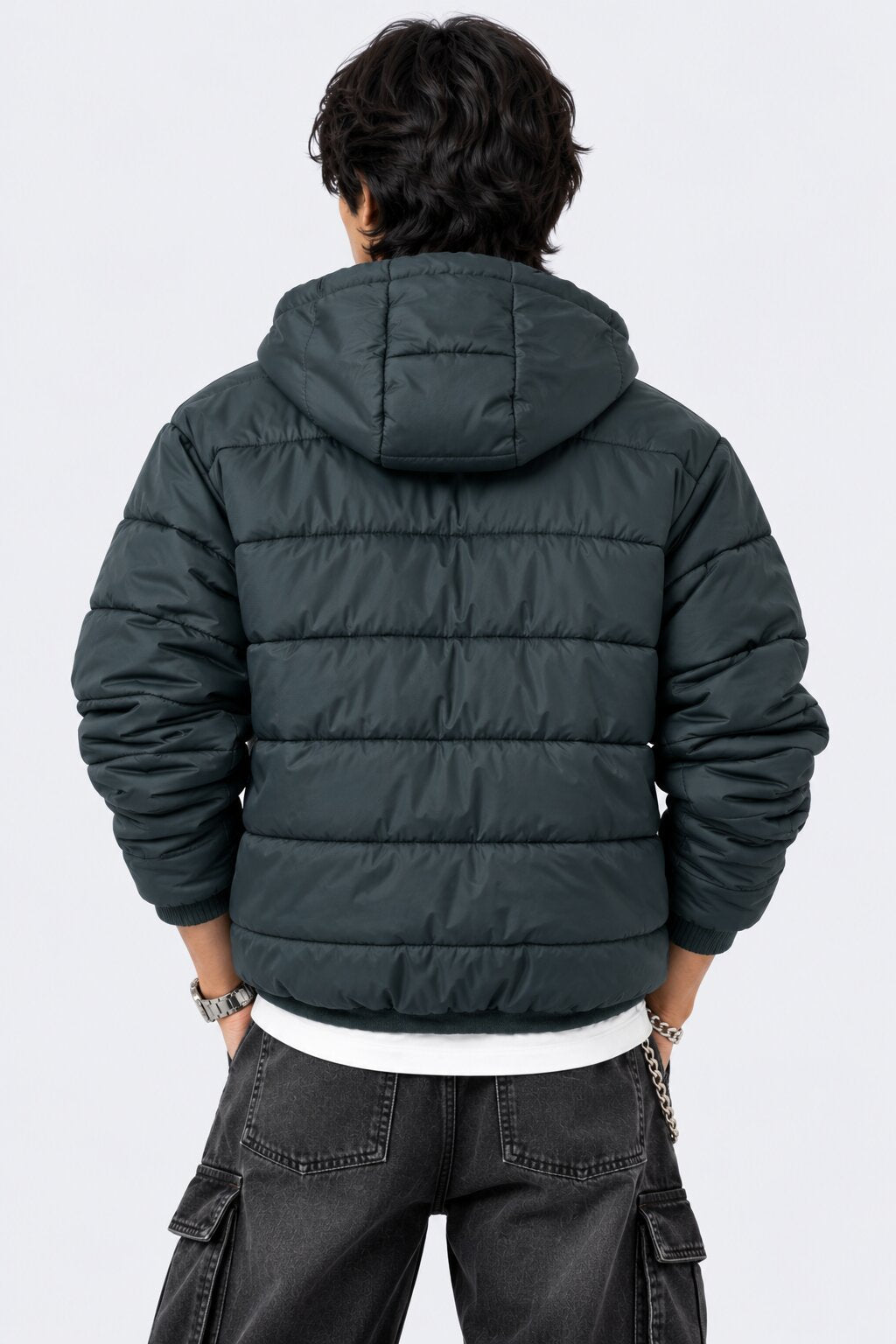 Mens Teal Hooded Winter Bomber Jacket - Image 5