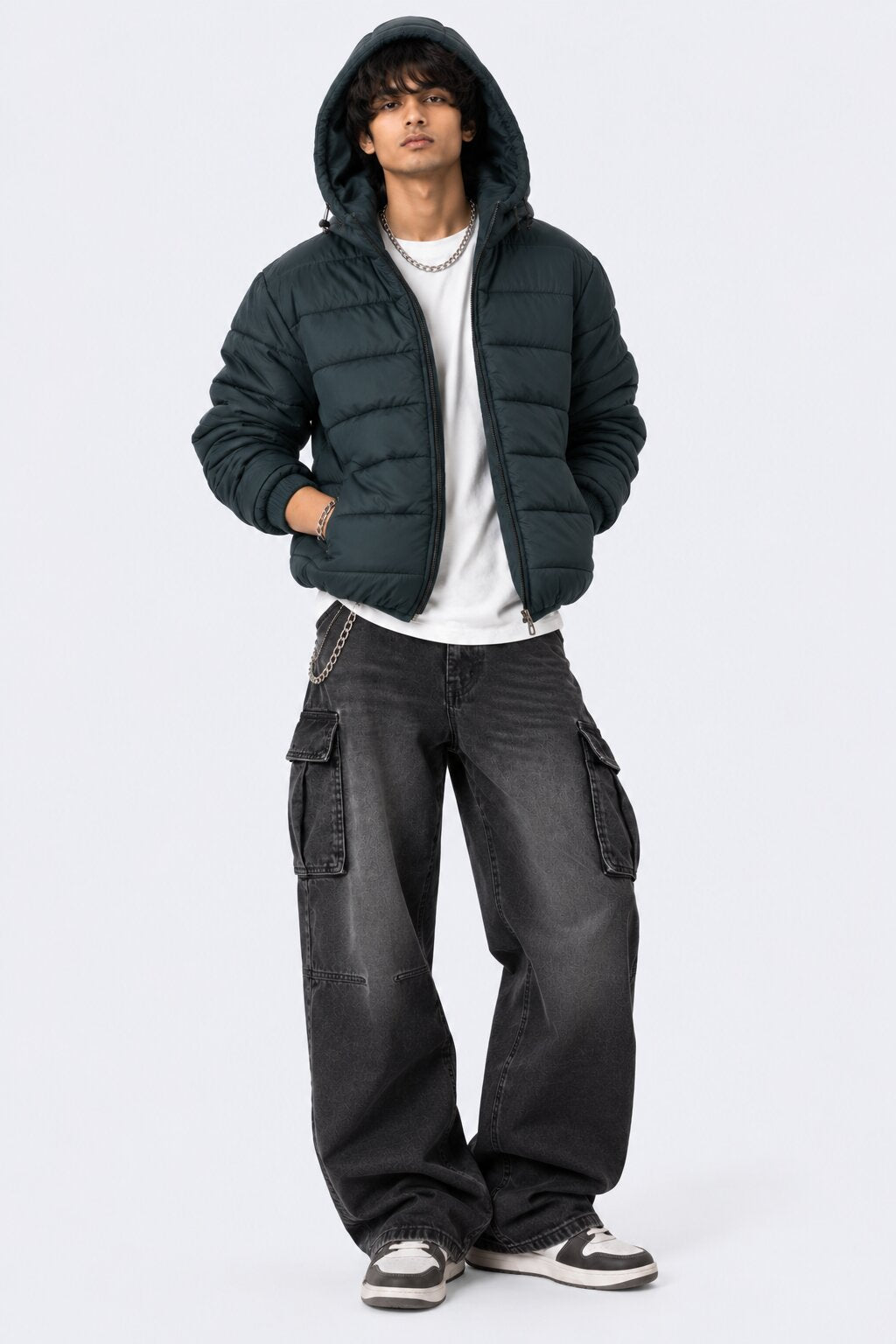 Mens Teal Hooded Winter Bomber Jacket - Image 6