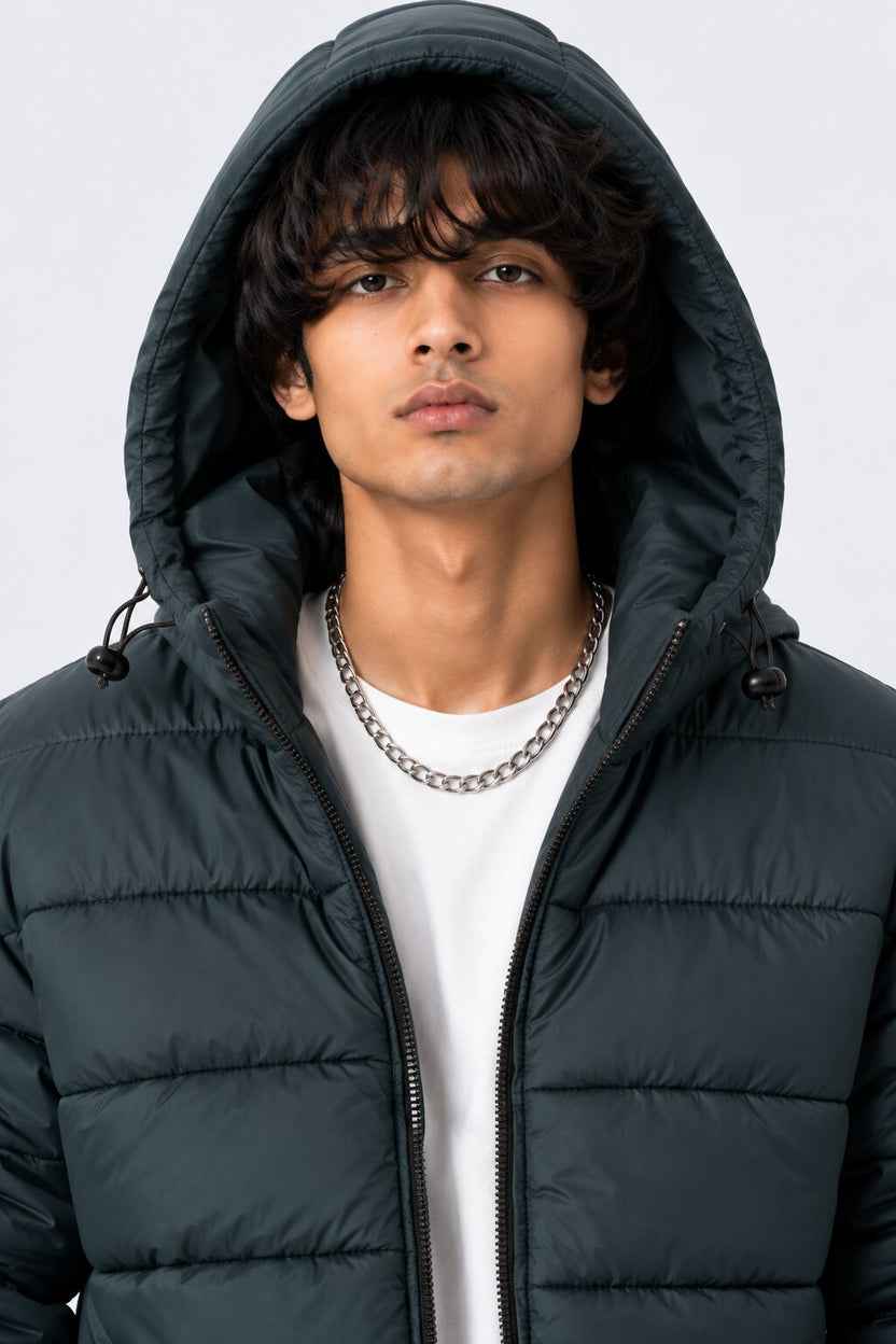 Mens Teal Hooded Winter Bomber Jacket - Image 9