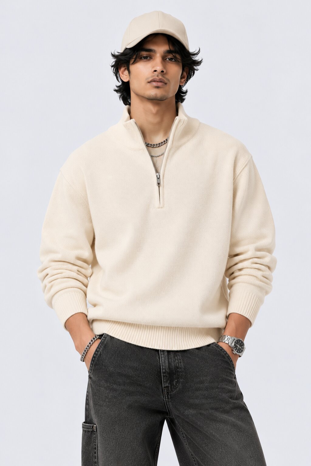 Mens Cream Cotton Blend Relaxed Fit Pullover - Image 1