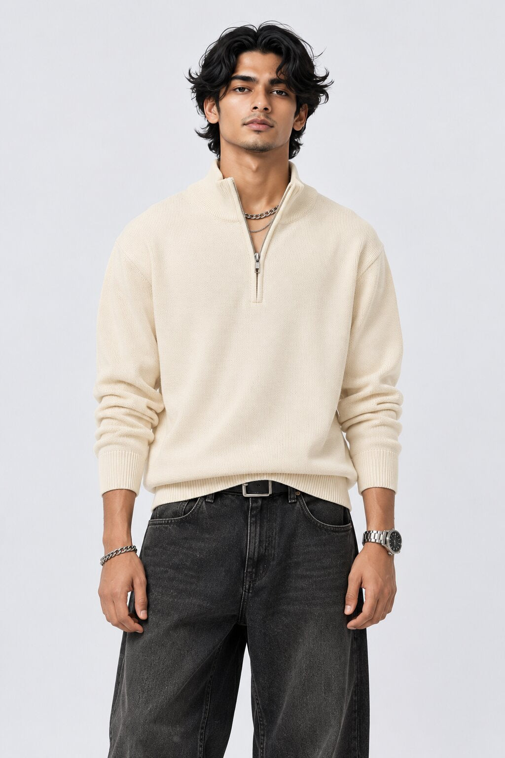 Mens Cream Cotton Blend Relaxed Fit Pullover - Image 2