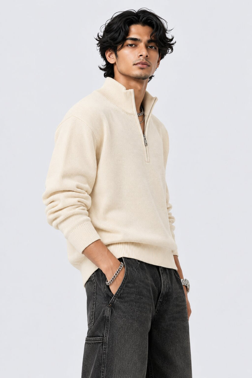 Mens Cream Cotton Blend Relaxed Fit Pullover - Image 4