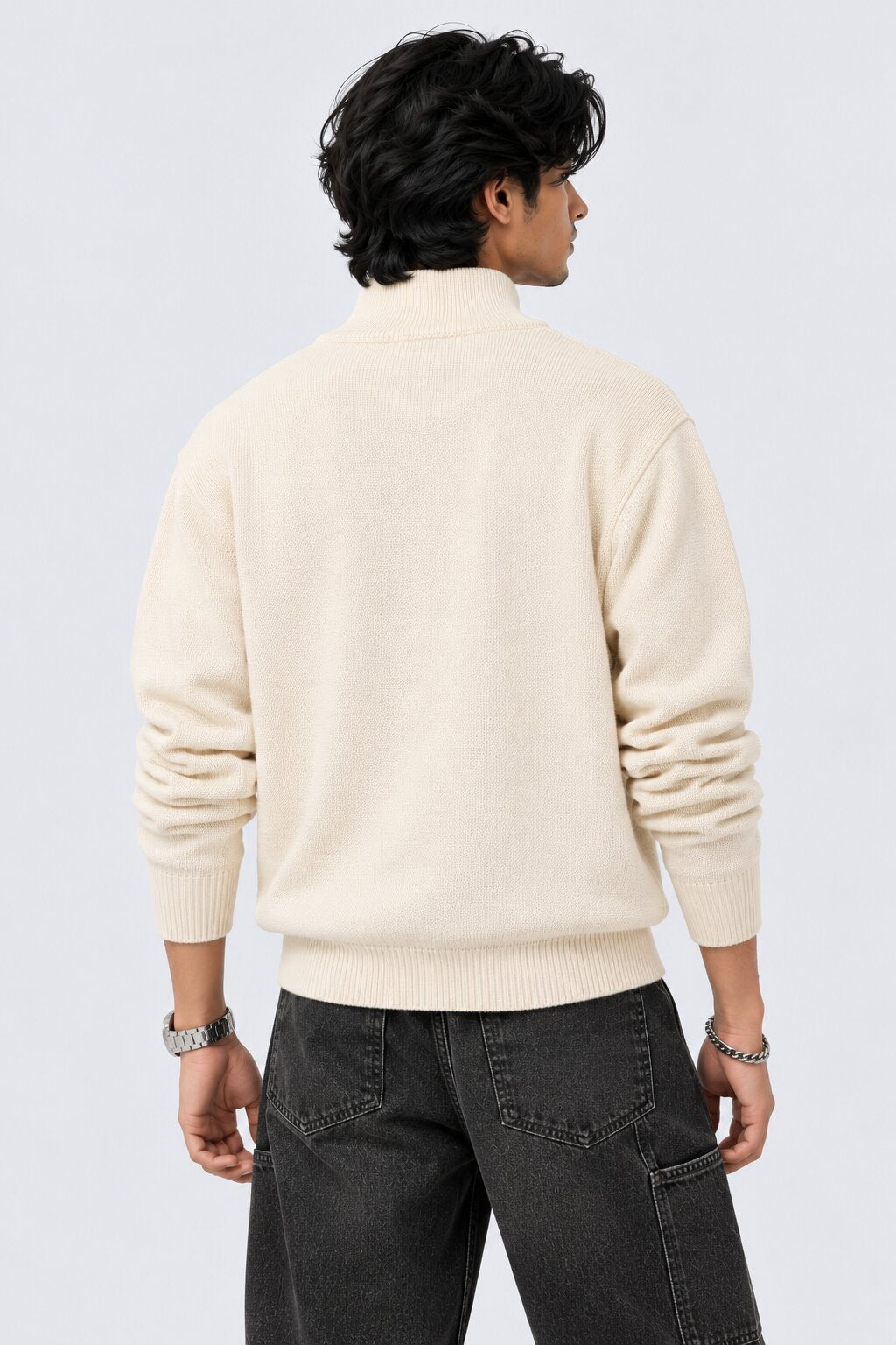 Mens Cream Cotton Blend Relaxed Fit Pullover - Image 5