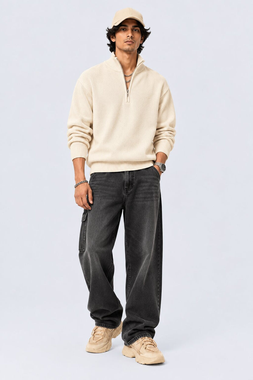 Mens Cream Cotton Blend Relaxed Fit Pullover - Image 6