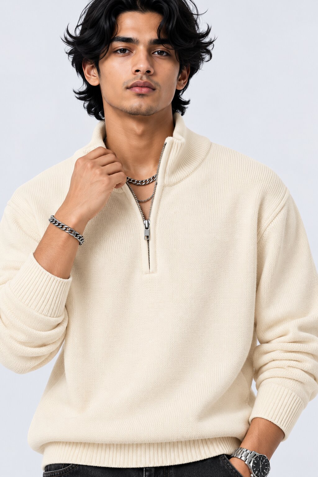 Mens Cream Cotton Blend Relaxed Fit Pullover - Image 9
